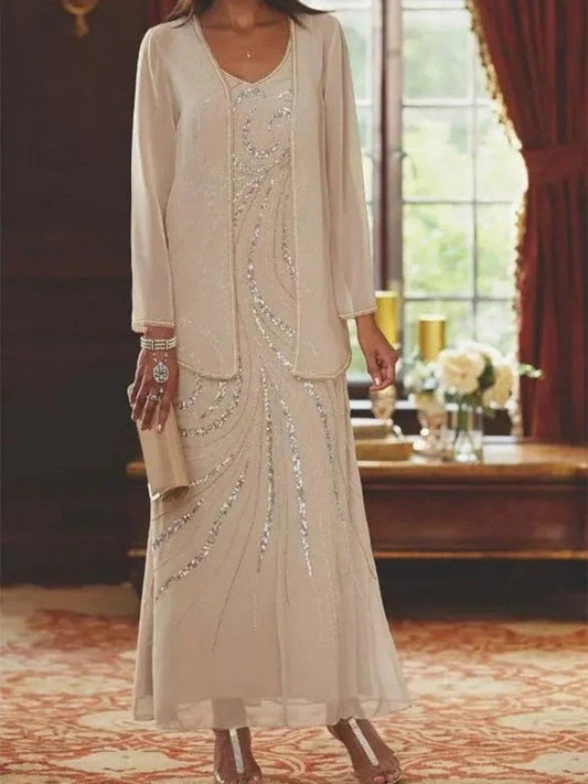 Women's sheath dress – Luxurious embellished fabric – Ankle length – V-neck – Matching jacket