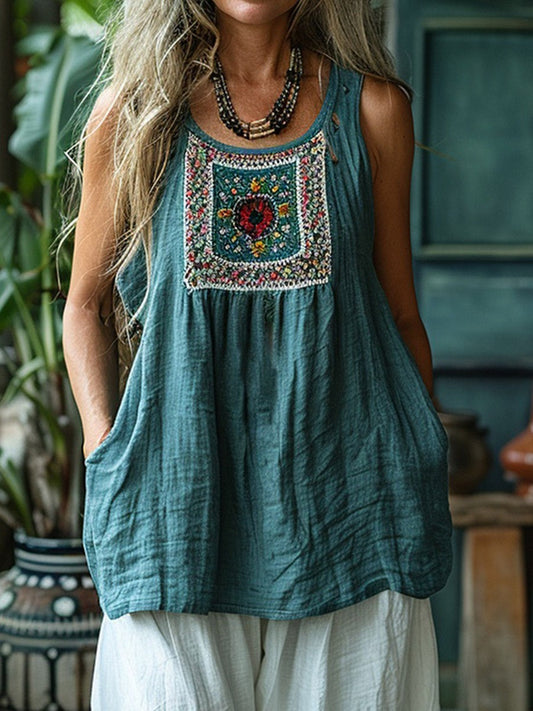 Women's sleeveless top – Loose fit – Natural fibers – Artisanal embroidery