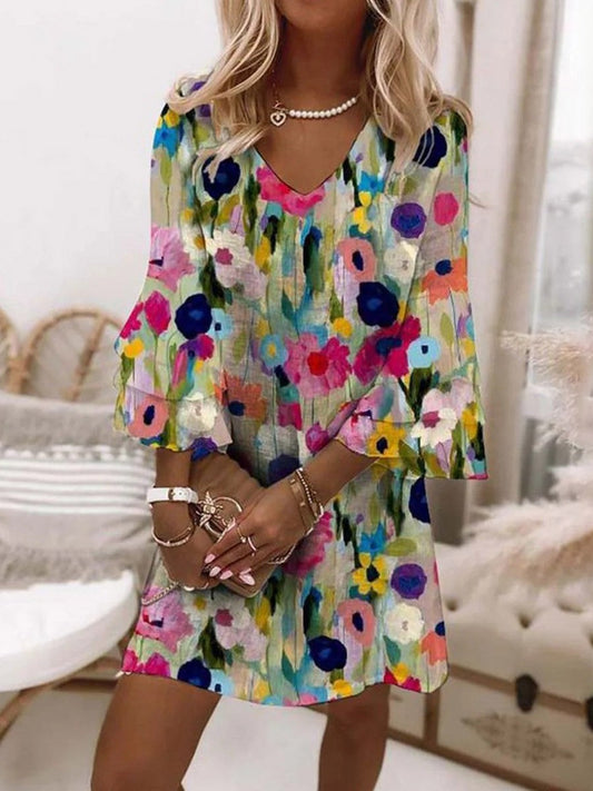 Robe mini femme – Imprimé fleuri romantique – Col V – Manches 3/4 – Coupe fluide