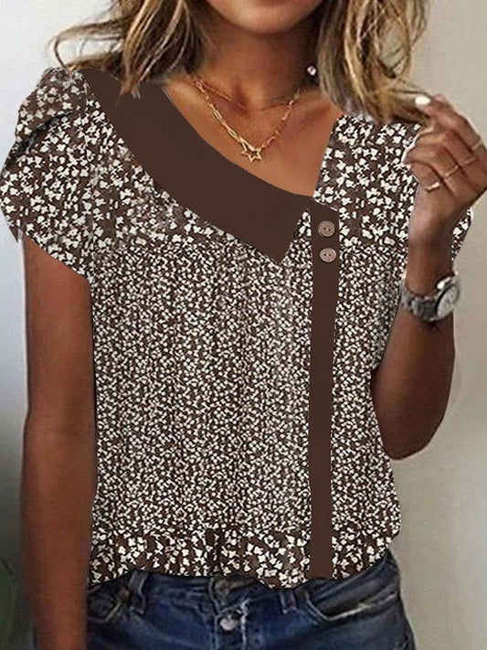 Women's Short Sleeve Top – Loose Fit – Floral Print – Breathable Fabric – Round Neck