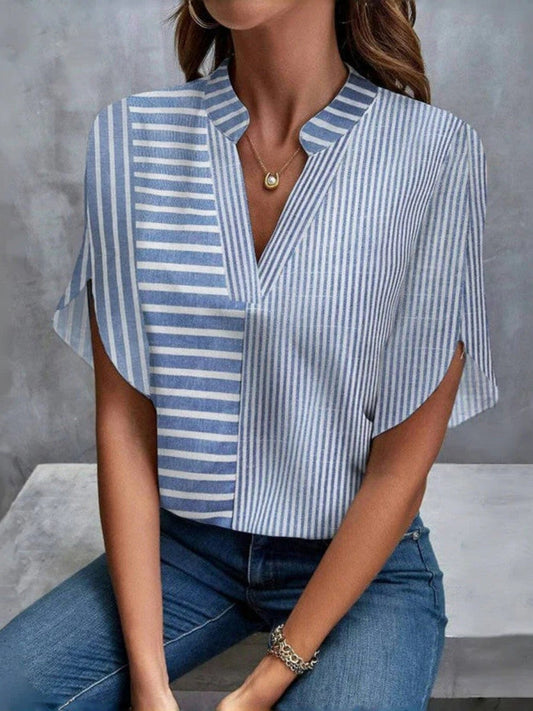 Women's blouse – Loose fit – Mid-length flared sleeves – Contrasting stripes – Breathable fabric