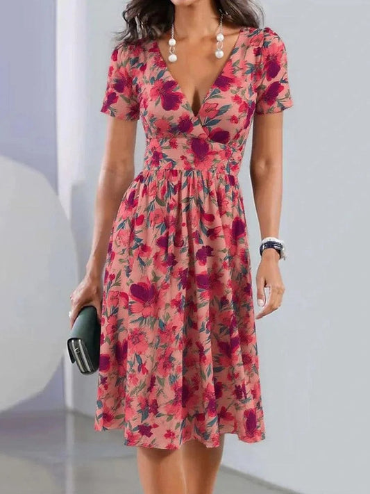 Women's midi dress – Flared cut – Flowing fabric – Short sleeves – V-neck