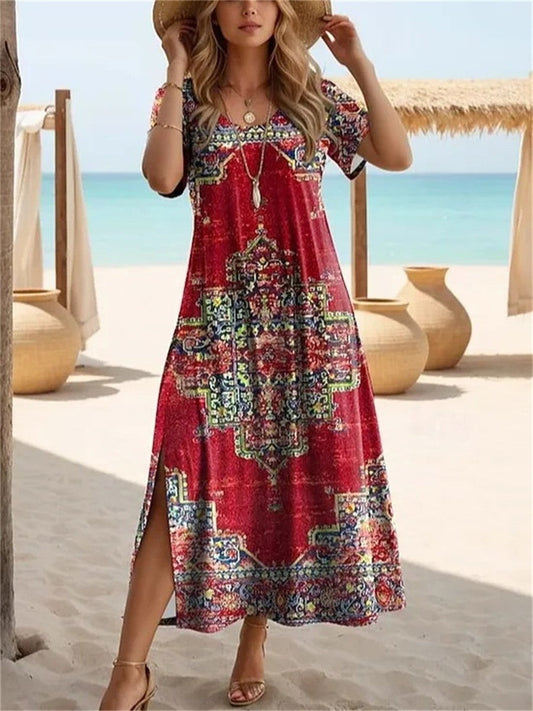 Women's midi dress – Vintage floral print – Loose fit – Breathable fabric – Side slits