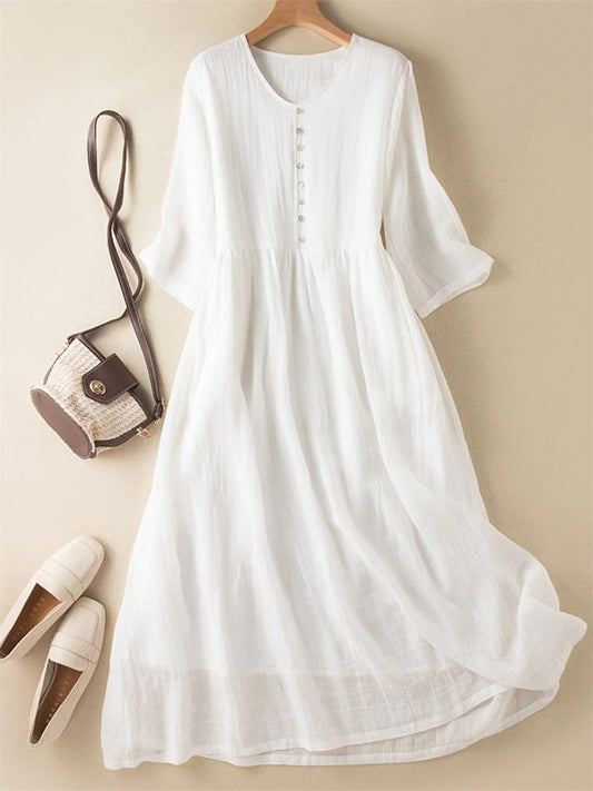 Women's midi dress – Breathable fabric – Loose fit – V-neck – Mid-length sleeves