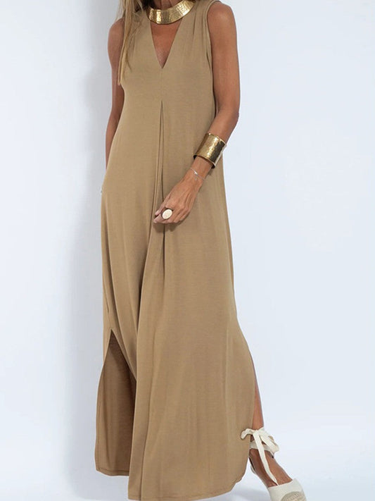 Women's sleeveless dress – V-neckline – Flowing cut – Ankle length – Breathable fabric