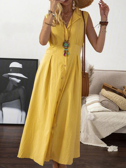 Women's sleeveless dress – Flared cut – Natural fibers – Front buttoning – Midi length