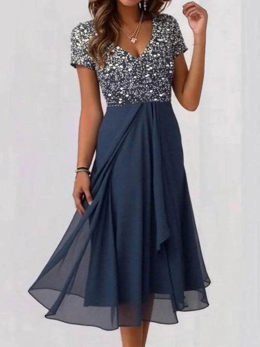 Women's midi dress – V-neck – Short sleeves – Embellished bodice – Flowing pleated skirt