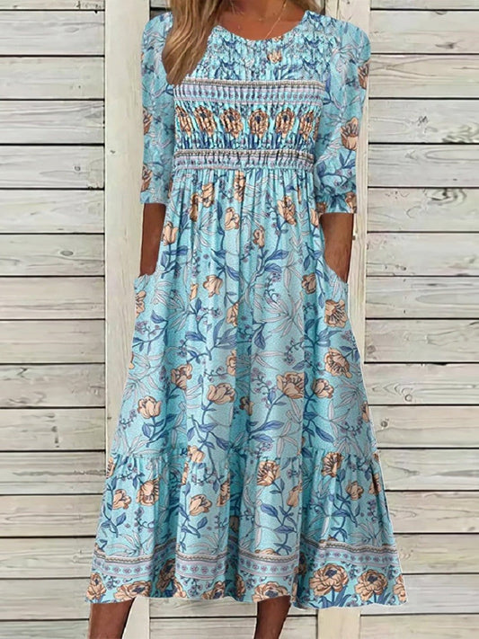 Women's midi dress – Floral print – Puff sleeves – Breathable fabric – Pockets