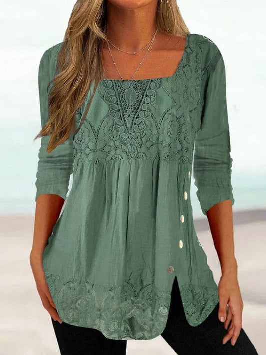 Women's blouse – Loose fit – Breathable fabric – Square neckline – Lace – Long sleeves