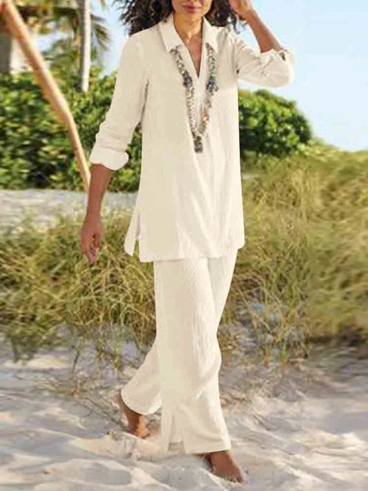 Women's Two-Piece Set – Relaxed Fit – V-Neck Long-Sleeve Tunic – Long Pants – Breathable Fabric