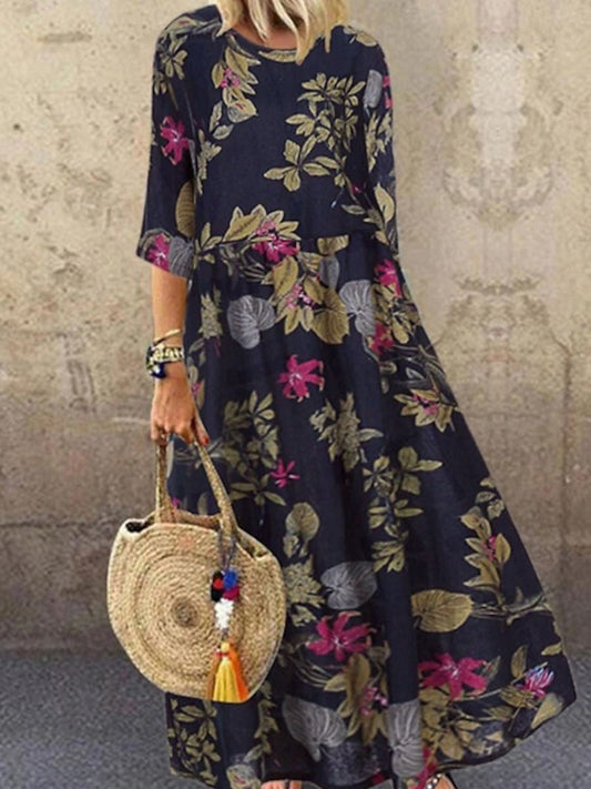 Robe décontractée femme – Coupe évasée fluide – Tissu respirant – Manches mi-longues – Imprimé floral