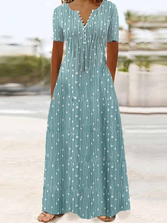 Women's long dress – Flowing cut – Buttoned V-neck – Short sleeves – Pockets