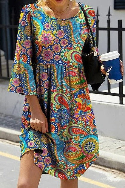 Women's mini dress – Relaxed fit – Paisley print – 3/4 sleeves – Breathable fabric
