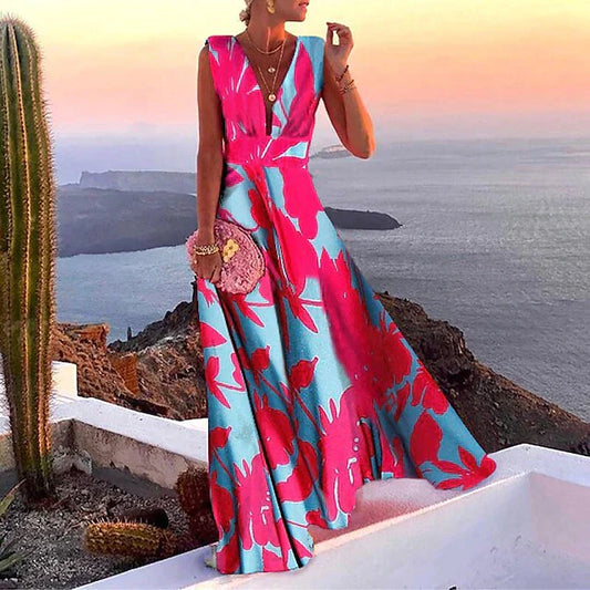Women's long dress – Flowing cut – Sleeveless – V-neck – Floral print