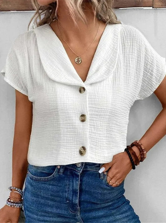 Women's blouse – Relaxed fit – Breathable crinkled fabric – Short sleeves – Short