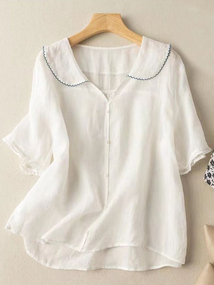 Chemise femme à manches courtes – Coupe fluide – Col Claudine – Tissu respirant