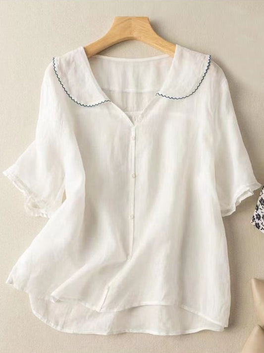 Chemise femme à manches courtes – Coupe fluide – Col Claudine – Tissu respirant