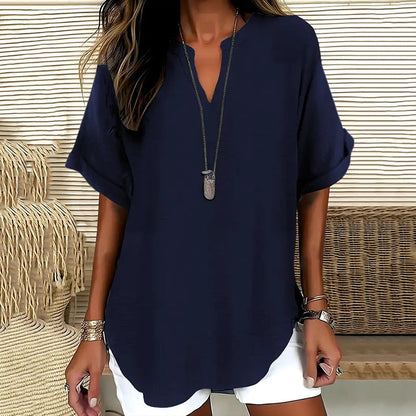 Women's Blouse – Relaxed Fit – Short Sleeves – Breathable Natural Fibers