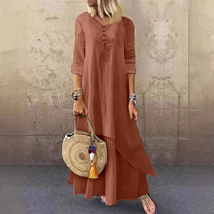 Women's Midi Dress – Loose Fit – Natural Fibers – 3/4 Sleeves – Asymmetrical Skirt