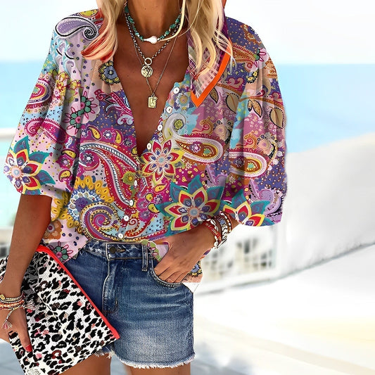 Women's shirt – Relaxed fit – Mandala pattern – V-neck – Breathable fabric