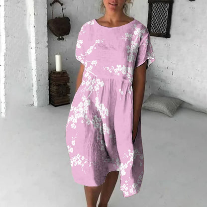 Robe midi femme – Coupe fluide – Manches courtes – Col rond – Imprimé fleuri
