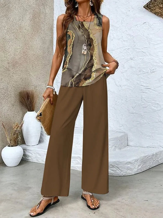 Women's Two-Piece Set – Abstract Sleeveless Tank – Long Loose-Fit Pants – Breathable Fabric