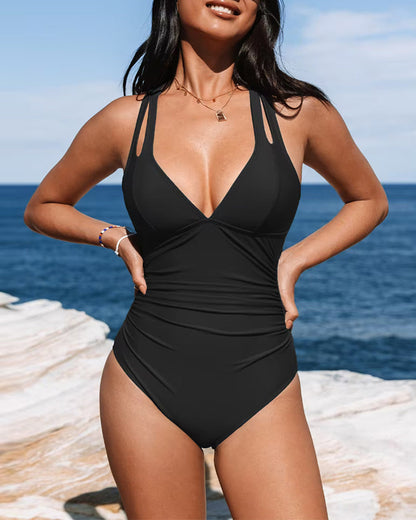 One-piece women's swimsuit – Shaping cut – Plunging neckline – Double straps