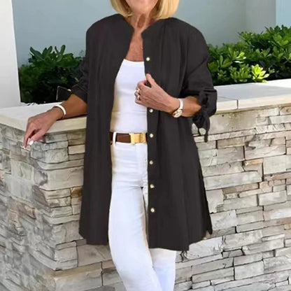 Women's long shirt – Relaxed fit – Full button front – Side slits – Breathable fabric
