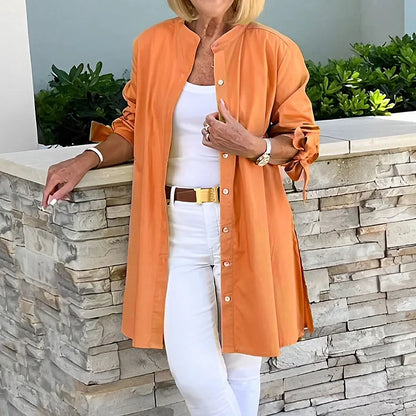 Women's long shirt – Relaxed fit – Full button front – Side slits – Breathable fabric