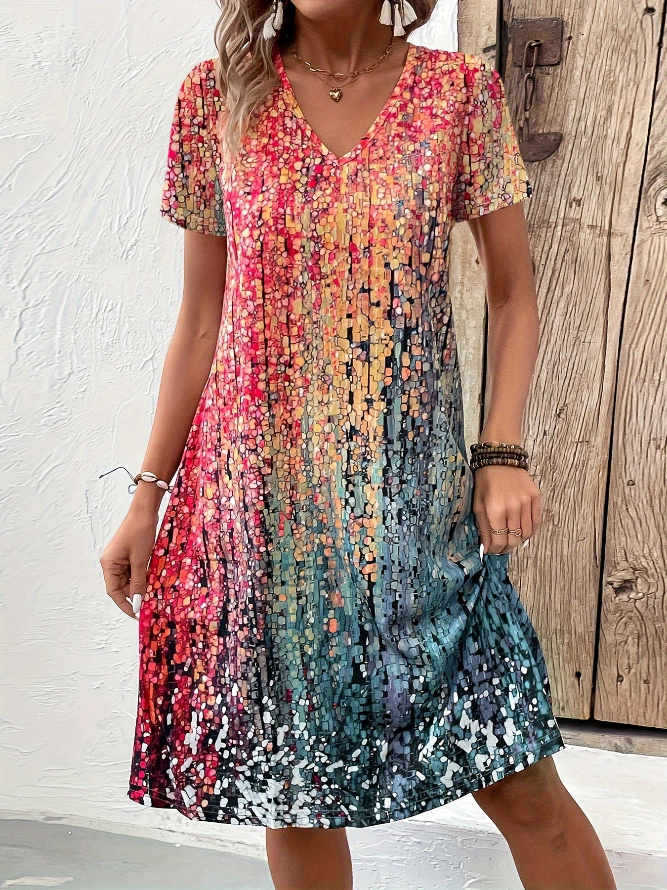 Women's midi dress – Loose fit – Flared silhouette – V-neck – Short sleeves – Breathable fabric