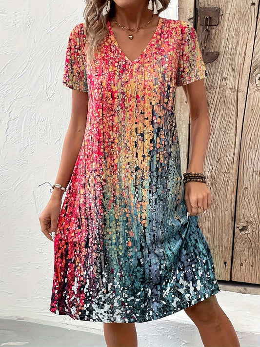 Women's midi dress – Loose fit – Flared silhouette – V-neck – Short sleeves – Breathable fabric