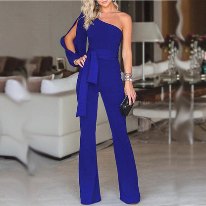 Women's Jumpsuit – One-shoulder – Slim Fit – Belted Waist – Flared Leg