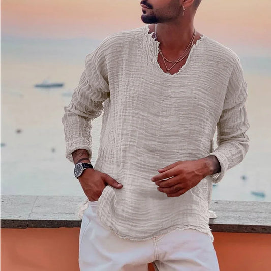 Men's V-neck shirt – Long sleeves – Relaxed fit – Breathable crinkled fabric