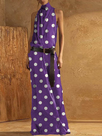 Robe maxi femme – Col montant – Sans manches – Ceinture intégrée