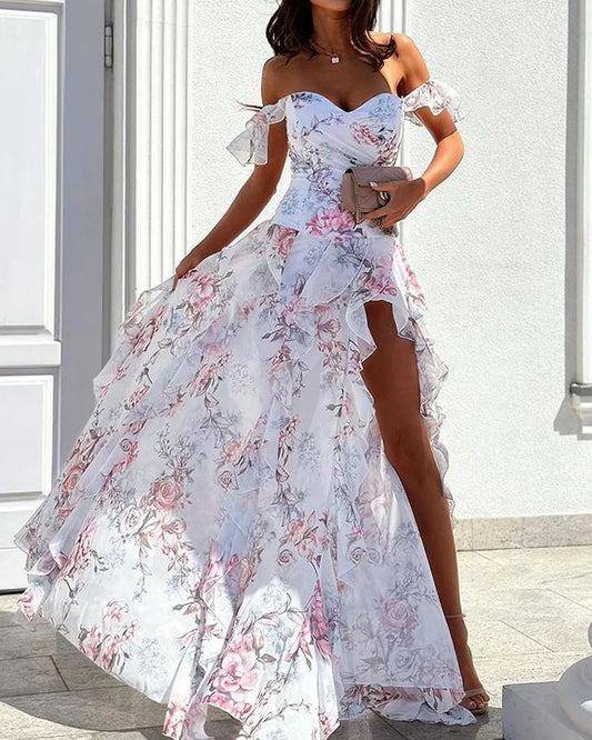 Robe longue femme – Épaules dénudées – Tissu fluide – Fente asymétrique – Détail volanté