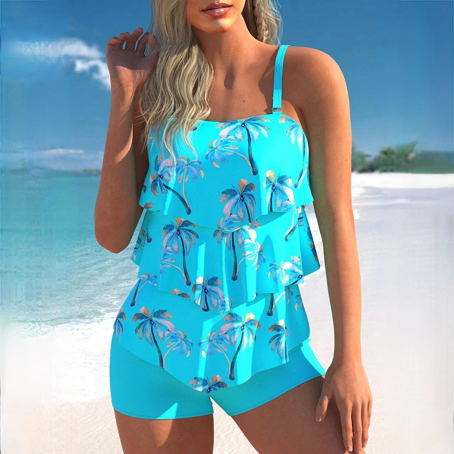 Women's tankini – Relaxed fit – Layered ruffles – Adjustable straps – Matching shorts
