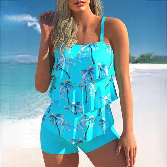 Women's tankini – Relaxed fit – Layered ruffles – Adjustable straps – Matching shorts