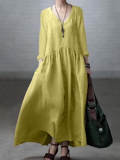 Women's long dress – Natural fibers – Loose fit – V-neck – Long sleeves