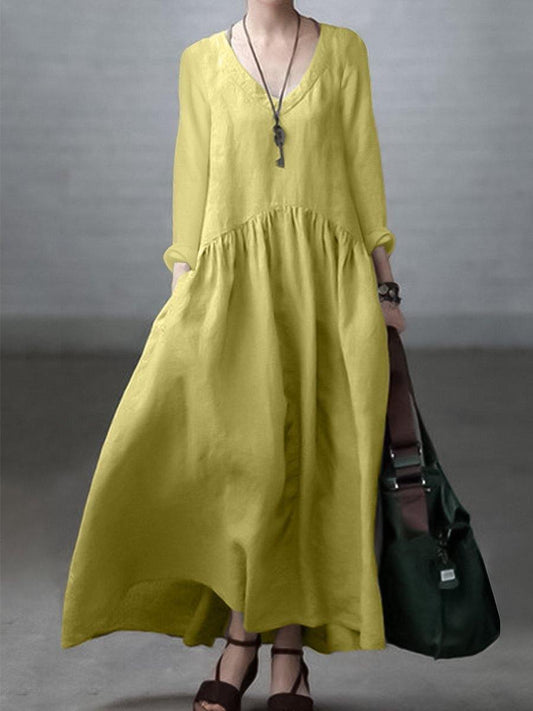 Women's long dress – Natural fibers – Loose fit – V-neck – Long sleeves