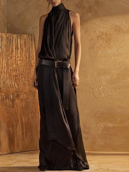 Robe maxi femme – Col montant – Sans manches – Ceinture intégrée