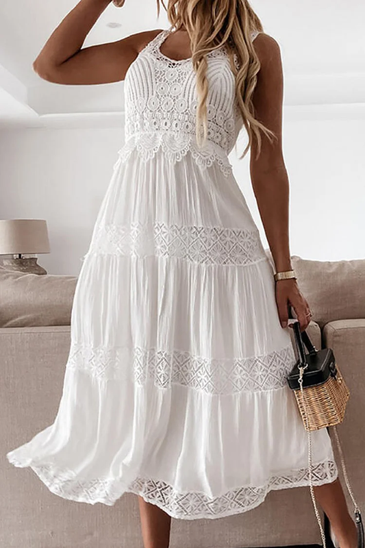 Robe midi femme – Sans manches – Coupe évasée – Détail crochet élégant – Tissu respirant