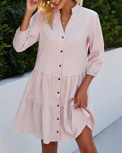 Women's A-Line Dress – Plaid Pattern – 3/4 Sleeves – Natural Fibers – Flounced Hem