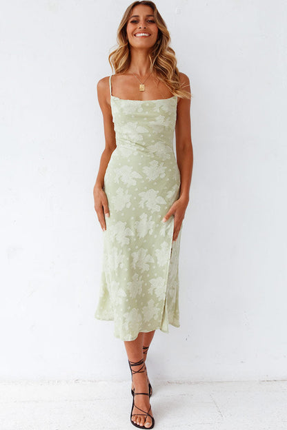 Midi dress for women – Fitted cut – Cowl neck – High slit – Luxurious floral fabric