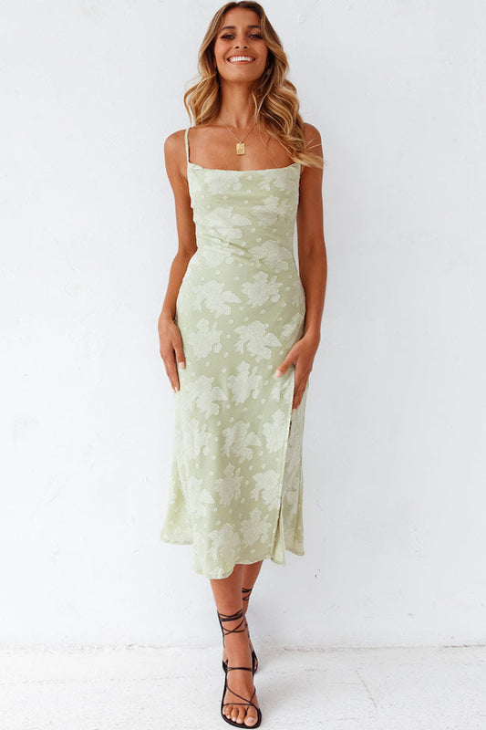 Midi dress for women – Fitted cut – Cowl neck – High slit – Luxurious floral fabric