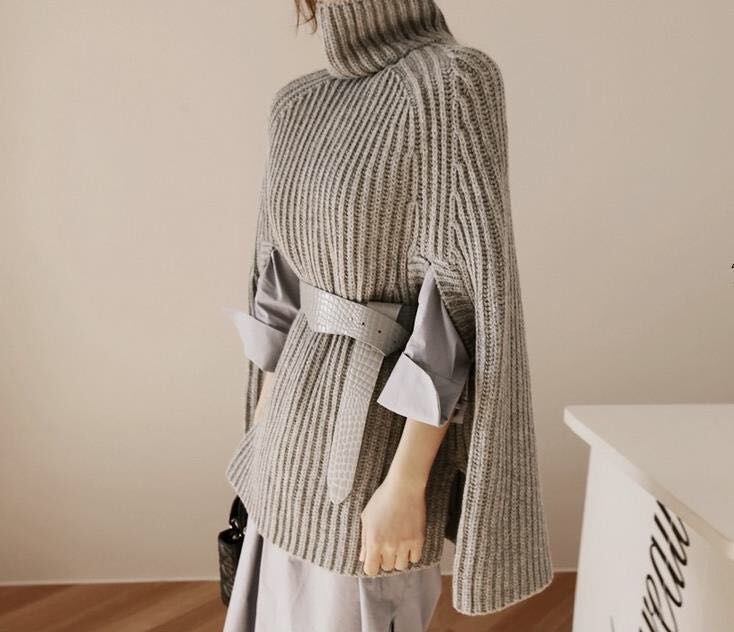 Elara Turtleneck Knit Cape Sweater | Oversized Ribbed Winter Poncho