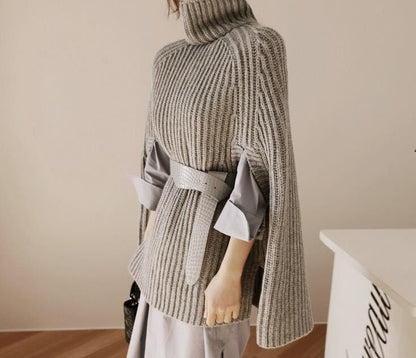 Elara Turtleneck Knit Cape Sweater | Oversized Ribbed Winter Poncho
