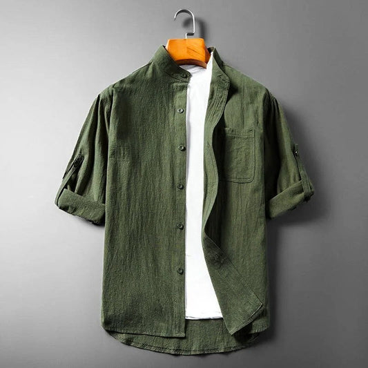 Band-Collar Short-Sleeve Linen Shirt for Men – Breathable All-Day Comfort