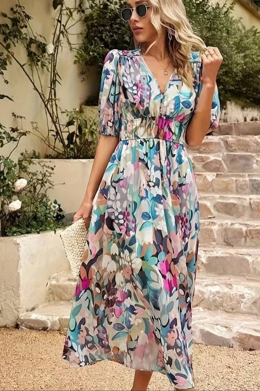 Women's midi dress – Lightweight breathable fabric – Flowing cut – V-neck – Puff sleeves