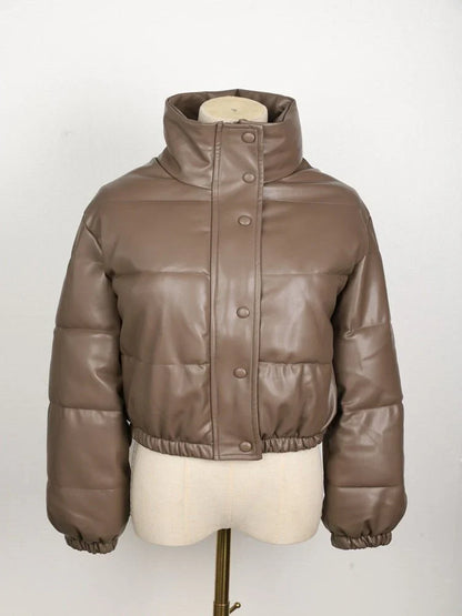 Veste matelassée femme – Effet cuir – Coupe oversize – Longueur courte – Col montant