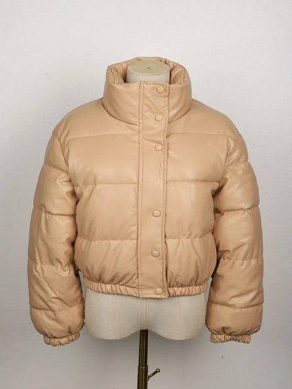 Veste matelassée femme – Effet cuir – Coupe oversize – Longueur courte – Col montant